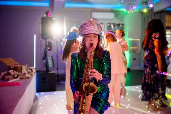 cat from saxophonique at a wedding in liverpool
