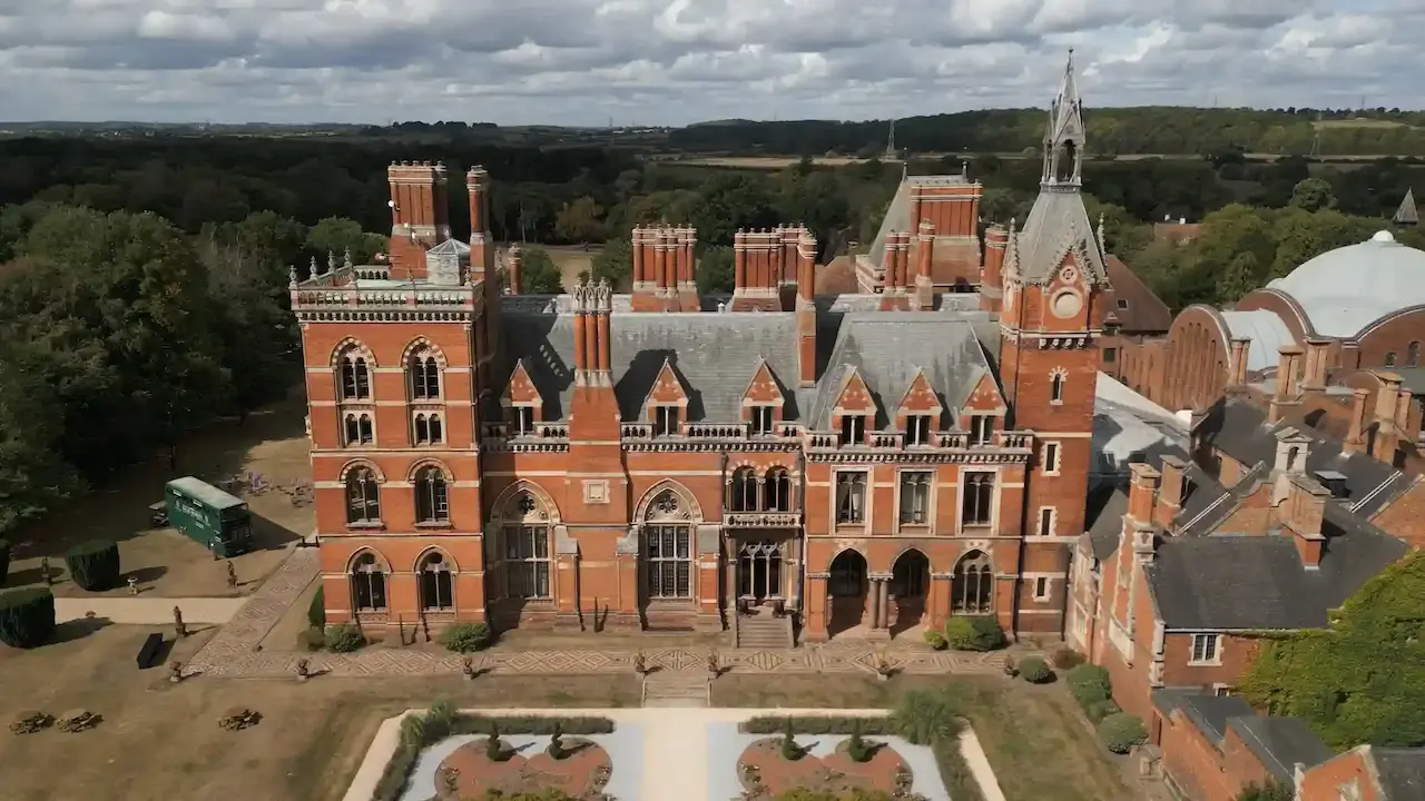 the reinassance at kelham hall taken from a drone in the sunlight wedding