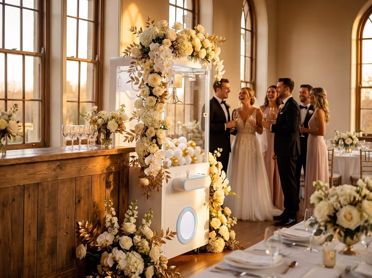 Wedding claw machine rental in NJ. Custom-wrapped Mini claw box machine at a New Jersey wedding reception with formal florals and table setting.