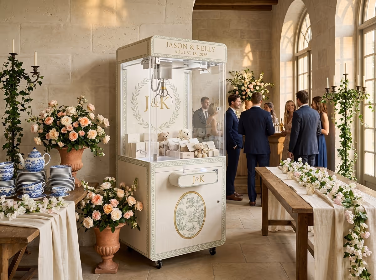 Custom-wrapped Mini claw box machine in stone-arched wedding venue concept render with peach roses for Jason and Kelly