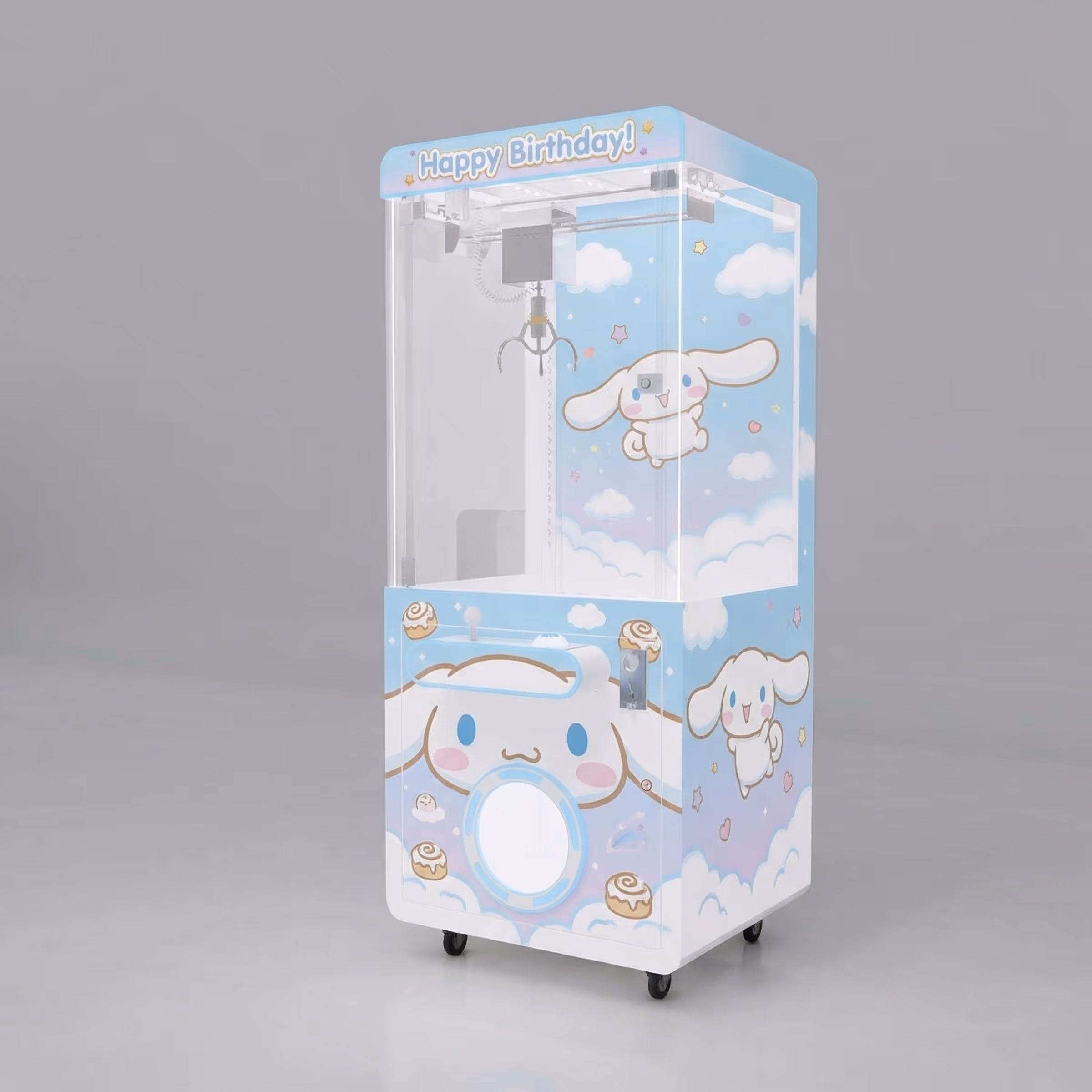 Standard claw box machine with custom Cinnamoroll Happy Birthday wrap concept render