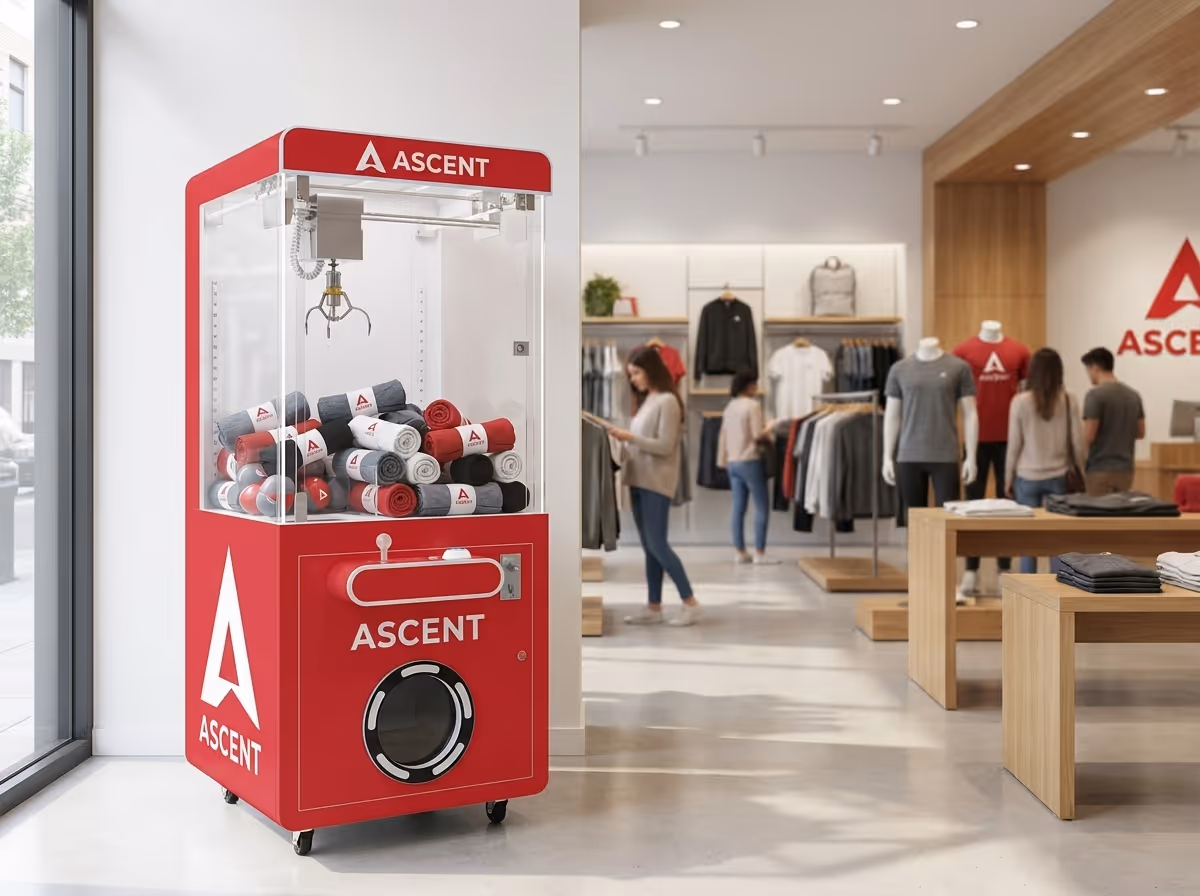 Brand activation claw machine rental — custom-wrapped Standard claw box machine installed in an upscale apparel retail store, filled with branded product prizes for a retail in-store event.