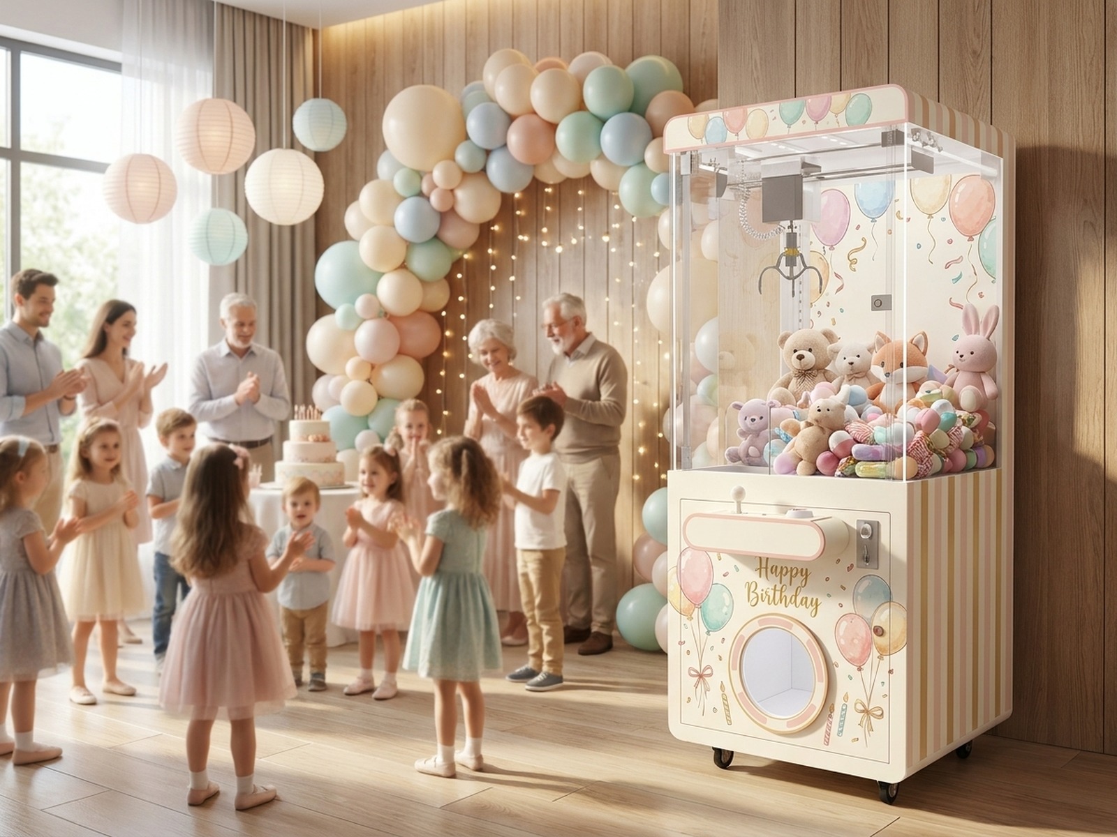 Custom-wrapped Standard claw box machine with a playful pastel birthday wrap at an upscale modern indoor birthday party, with children playing, balloon arch overhead, and paper lanterns.