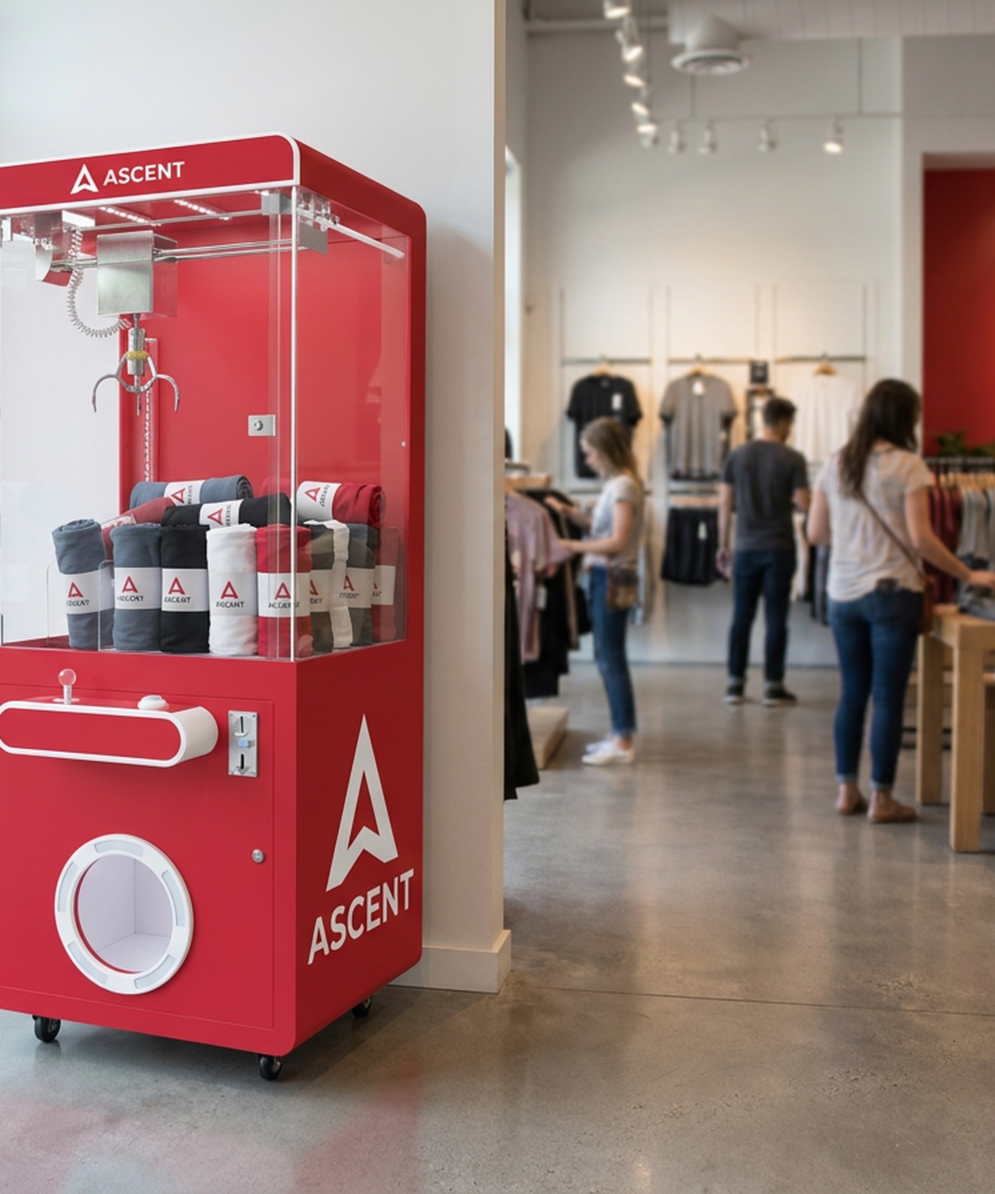Brand activation claw machine rental — Standard claw box machine custom-wrapped in red for an apparel retail in-store activation.