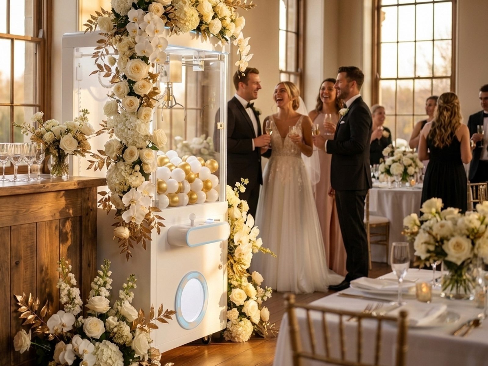 Plain white claw machine at a wedding reception