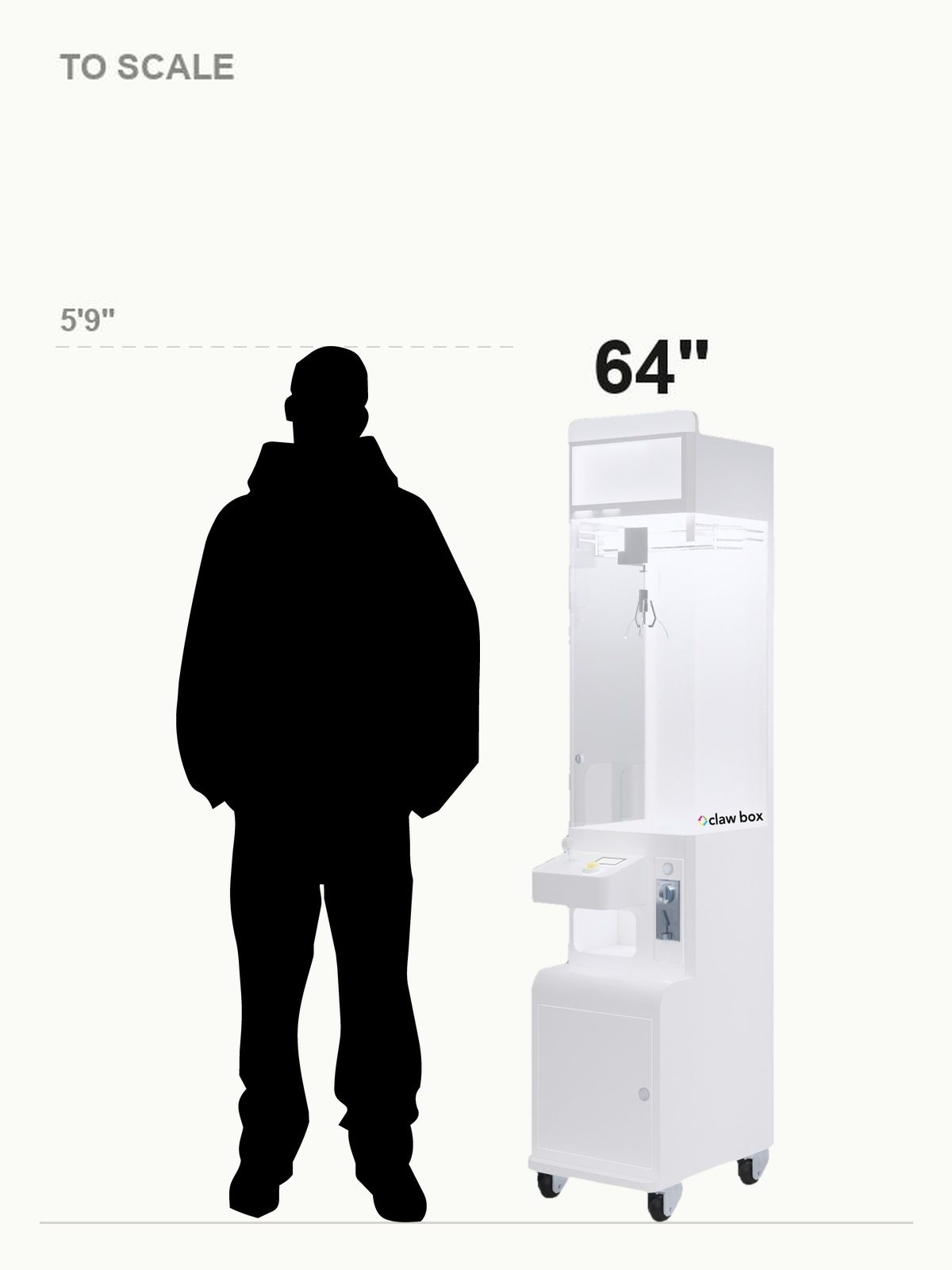 Compact claw machine shown to scale beside a 5'9" person silhouette, 64 inches tall