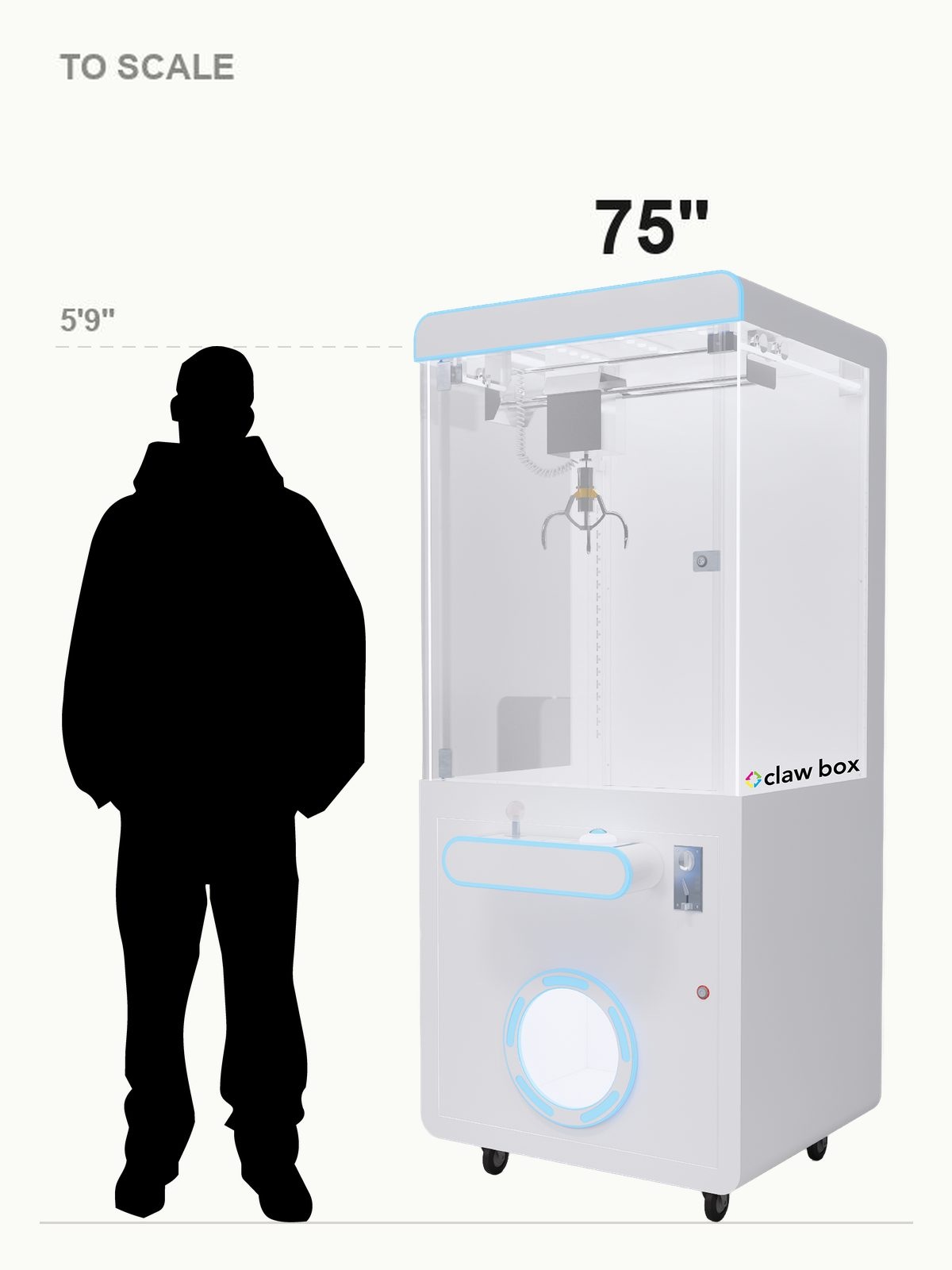 Standard claw machine shown to scale beside a 5'9" person silhouette, 75 inches tall