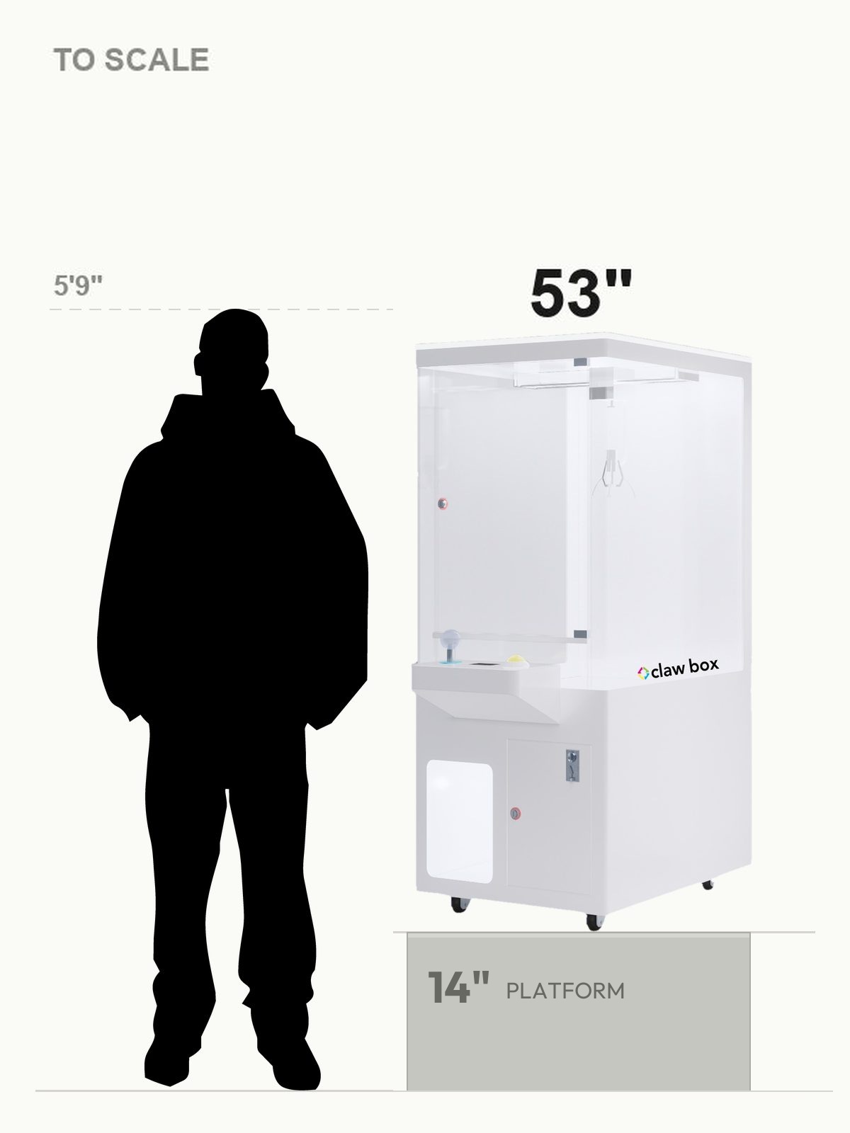 Mini claw machine shown to scale beside a 5'9" person silhouette, 53 inches tall on a 14-inch platform