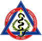 Logo with blue triangle, red circular emblem, and a central black shield featuring medical symbols.