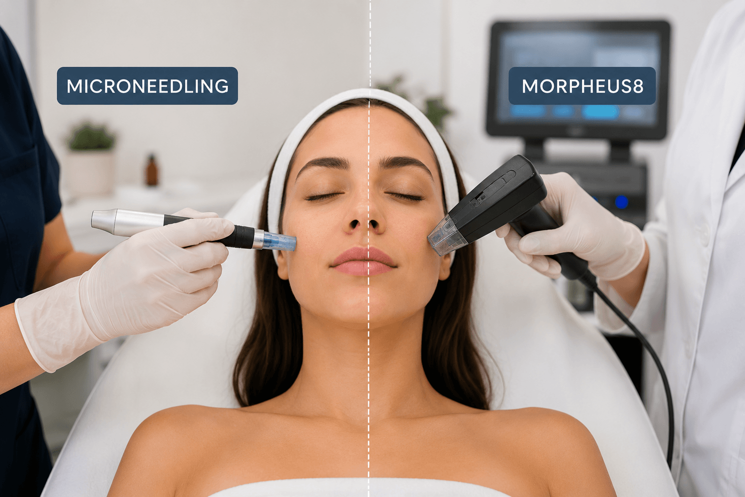 Esthetician performing microneedling treatment on a client's cheek in Haymarket, Virginia