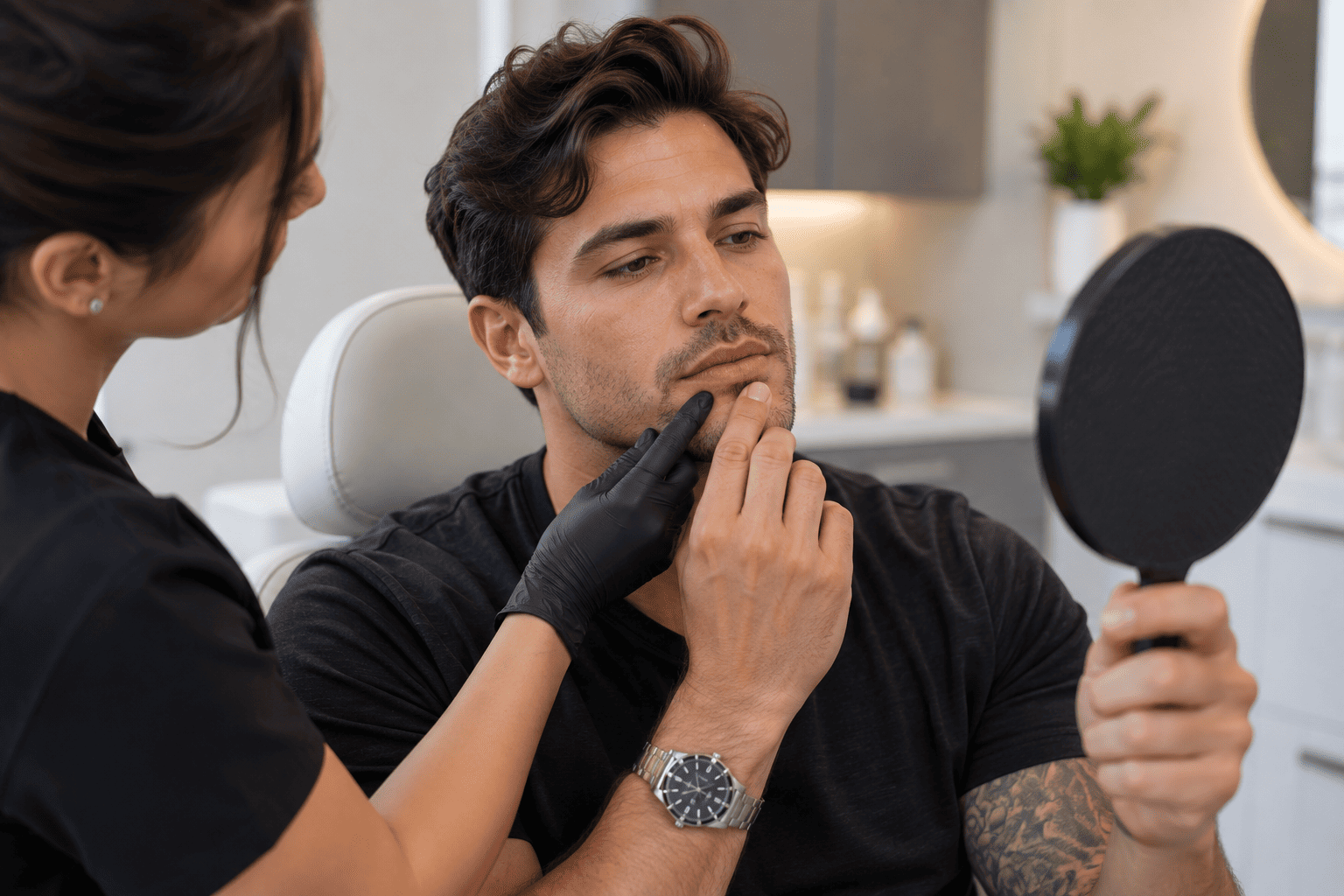 Male patient receiving a subtle lip filler treatment in Haymarket, Virginia