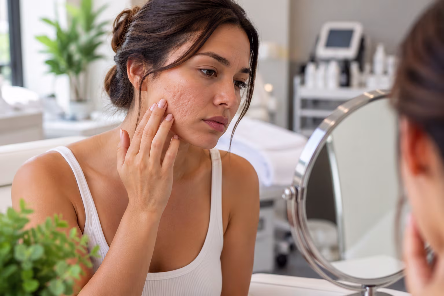 Microneedling treatment being performed on a patient's cheek in Haymarket, Virginia