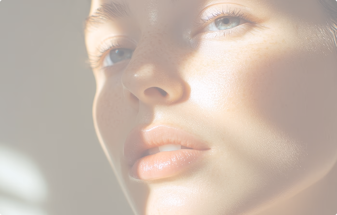 Close-up of a young person's face with freckles, glowing skin, and light blue eyes in soft sunlight.