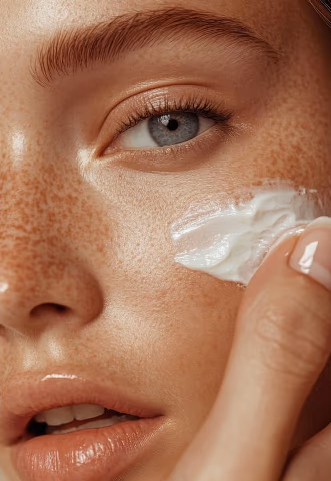 Close-up of a woman with freckles applying white cream to her cheek near her blue eye.