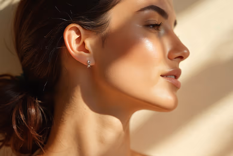 Close-up side profile of woman with sleek tied-back hair wearing a small diamond stud earring.