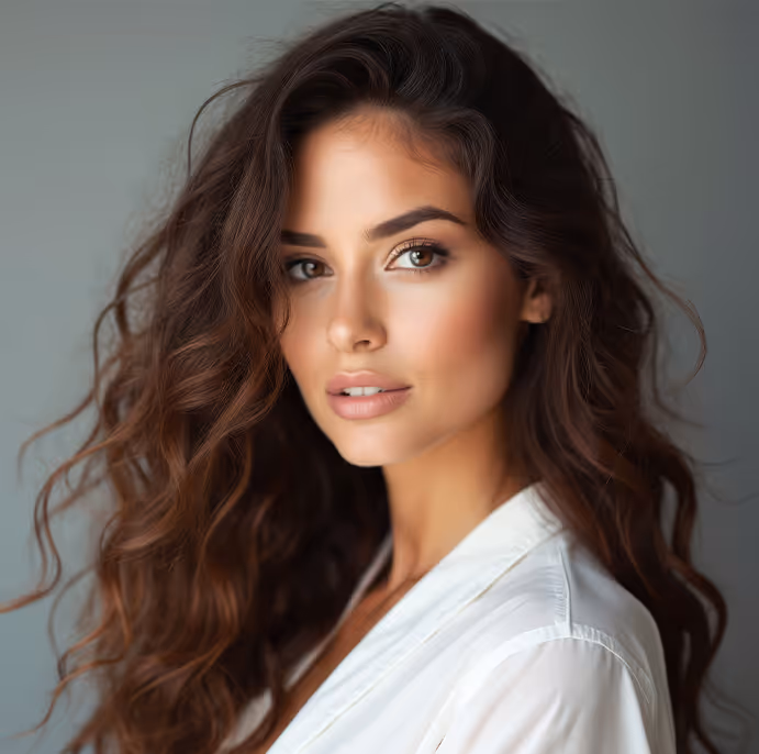 Young woman with long curly brown hair, wearing a white top, posing against gray background.