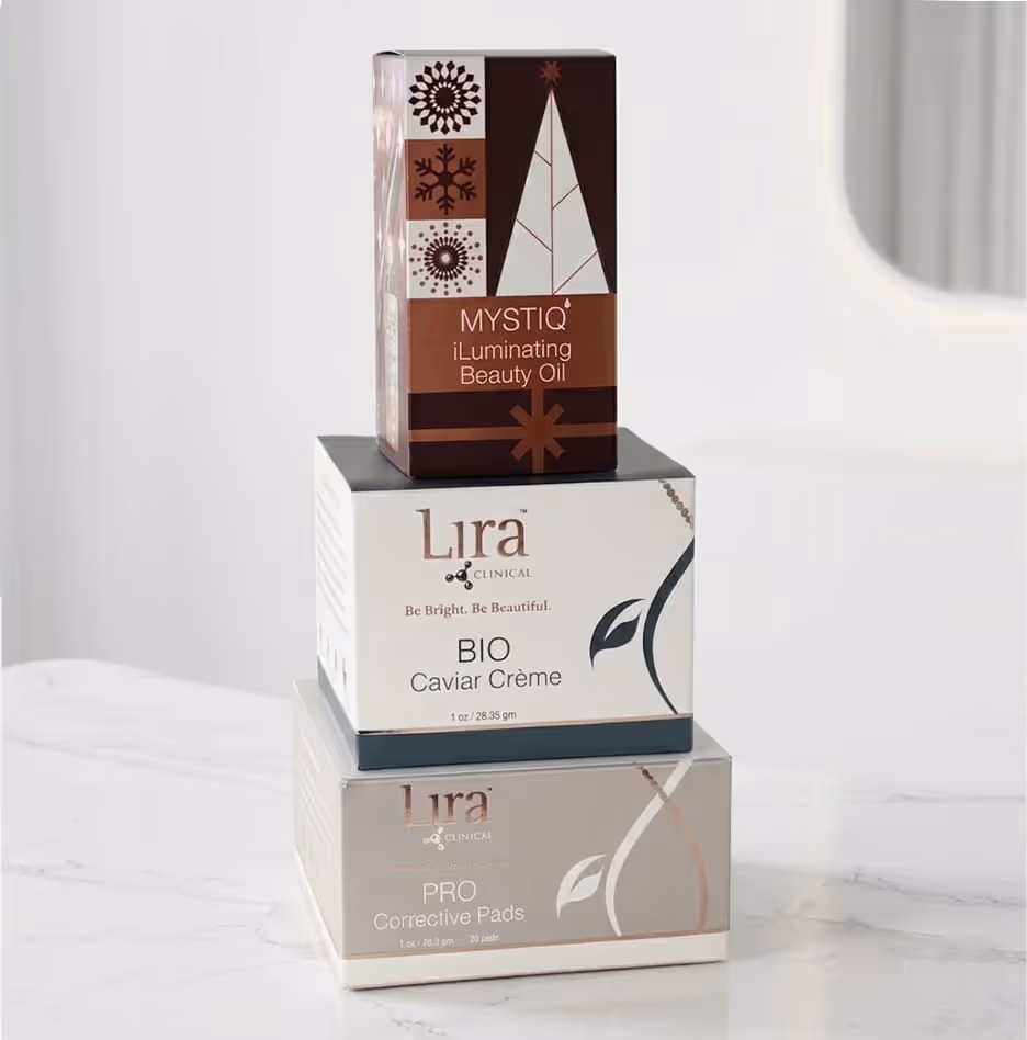 Three stacked skincare product boxes: Mystiq Illuminating Oil, Lira BIO Caviar Crème, and Lira PRO Corrective Pads.