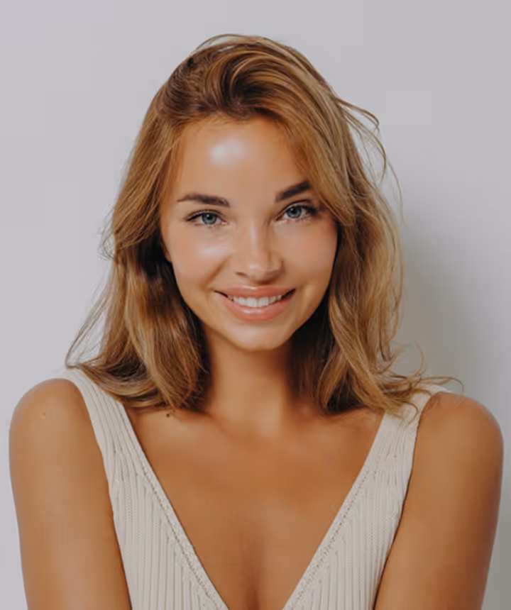 Smiling woman with blonde hair and blue eyes wearing a beige sleeveless top against a light background.