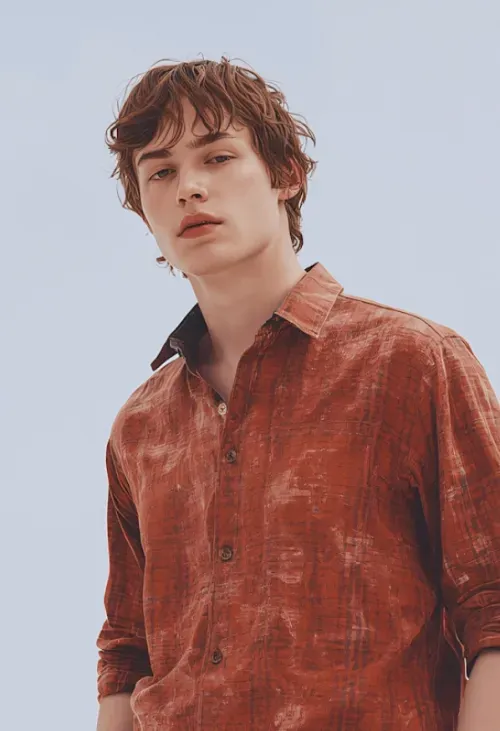 Young man with tousled brown hair wearing a textured rust-colored button-up shirt against a pale blue background.