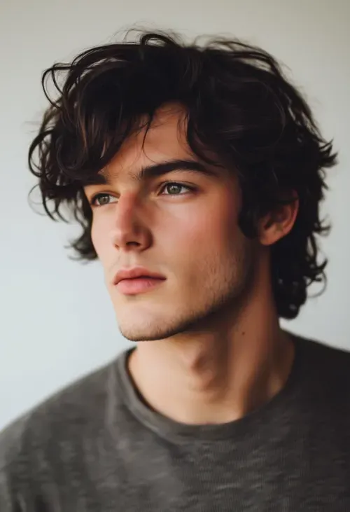 Young man with wavy dark hair and green eyes wearing a gray shirt looking to the side against a plain light background.