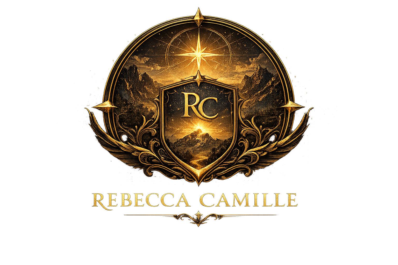 Rebecca Camille crest emblem with ascending wings and illuminated gold monogram, symbolizing orientation, elevation, and conscious ascent within the Accel Game Plan Methodology