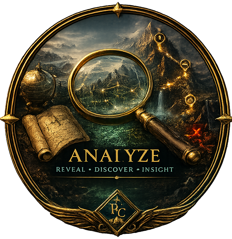 Analyze emblem featuring interconnected strategic intelligence pathways, illuminated map markers, compass navigation, globe observation symbolism, waterfalls, magnifying glass discovery elements, and mountain terrain representing insight, exploration, analysis, and elevated strategic awareness.