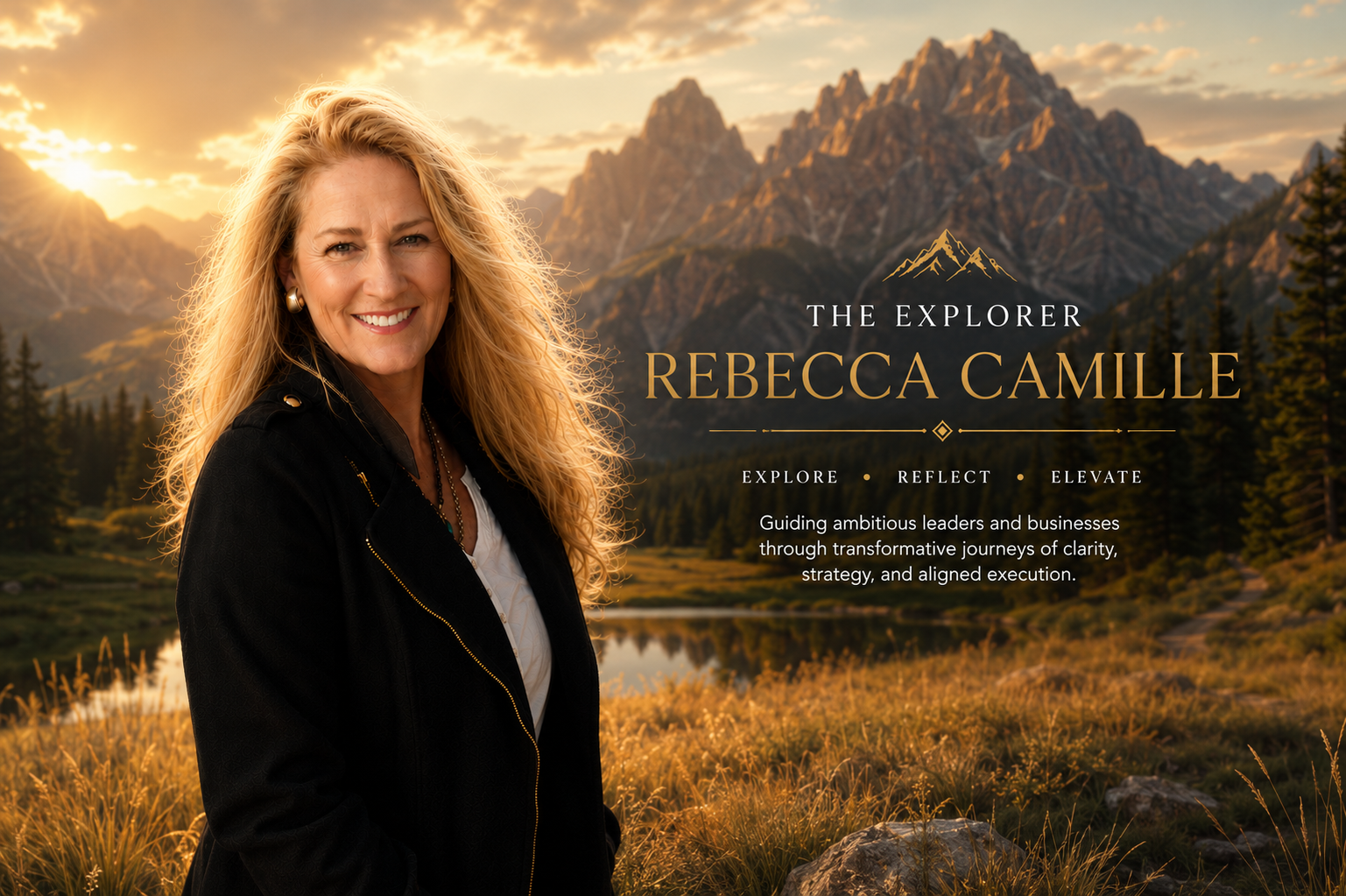Atmospheric portrait of Rebecca Camille emerging from a cinematic Sierra mountain landscape with warm gold illumination, symbolizing exploration, strategic insight, transformation, and the ascent journey behind The Accel Game Plan Methodology™.