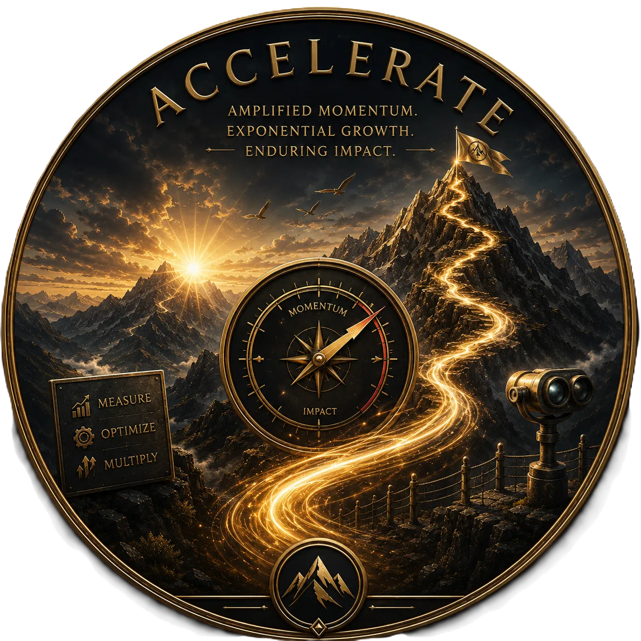 Accelerate emblem featuring soaring birds, magnetic compass energy, glowing accelerated ascent pathways, panoramic observation spyglass, radiant mountain summit, and amplified momentum symbolism representing scalable growth, elevated authority, and transformational acceleration.
