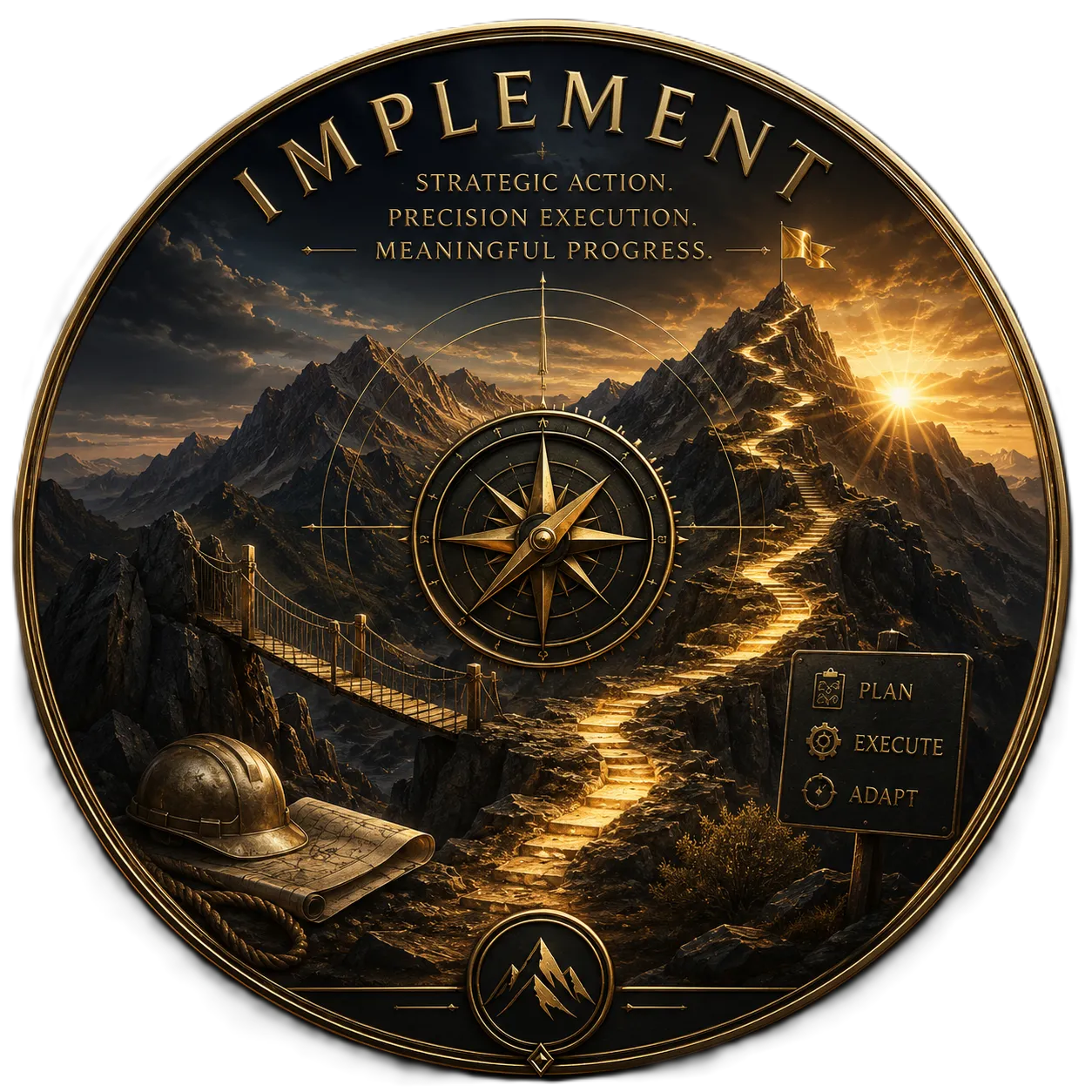 Implement emblem featuring illuminated mountain steps, bridge traversal, expedition helmet, rolled strategy map, compass alignment, and a glowing summit flag symbolizing disciplined execution, courageous implementation, and transformational ascent through purposeful action.