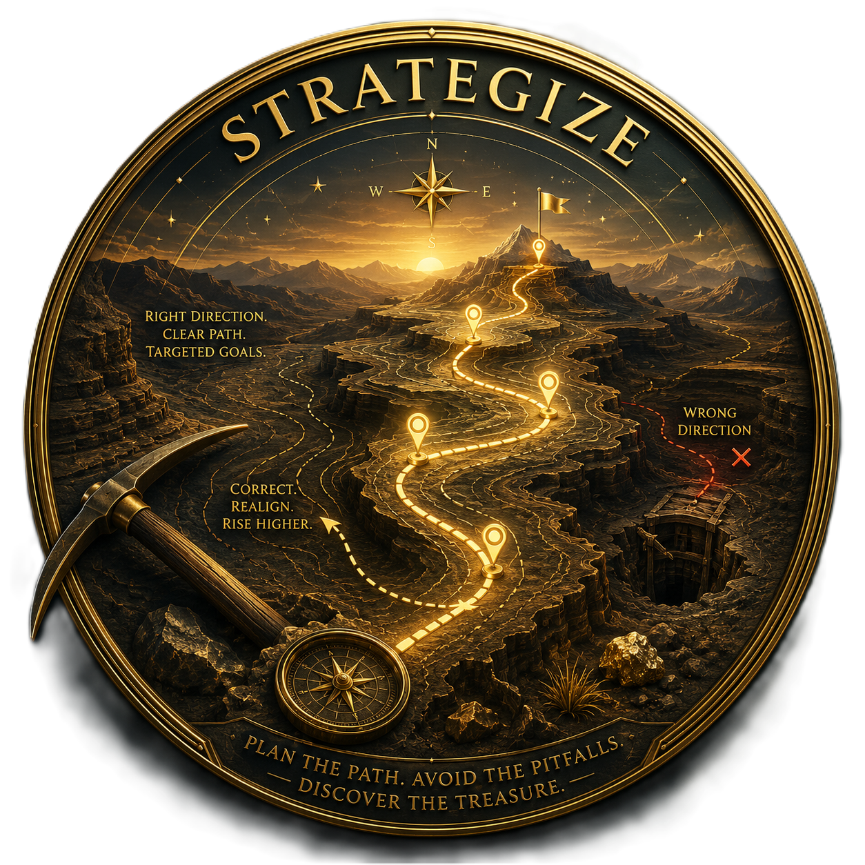 Strategize emblem featuring illuminated treasure pathways across desert mountain terrain, compass navigation, pick-ax excavation symbolism, hidden ravines, tectonic formations, warning markers, and a glowing Gold Flag representing strategic planning, navigational precision, and purposeful ascent.