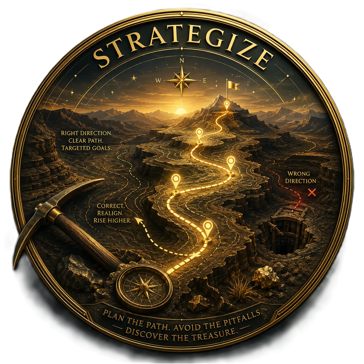 Strategize emblem featuring illuminated treasure pathways across desert mountain terrain, compass navigation, pick-ax excavation symbolism, hidden ravines, tectonic formations, warning markers, and a glowing Gold Flag representing strategic planning, navigational precision, and purposeful ascent.