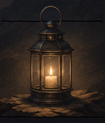 "A warmly glowing lantern resting on stone steps, illuminating the beginning of a mountain path at dusk."