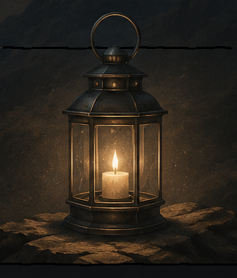 "A warmly glowing lantern resting on stone steps, illuminating the beginning of a mountain path at dusk."