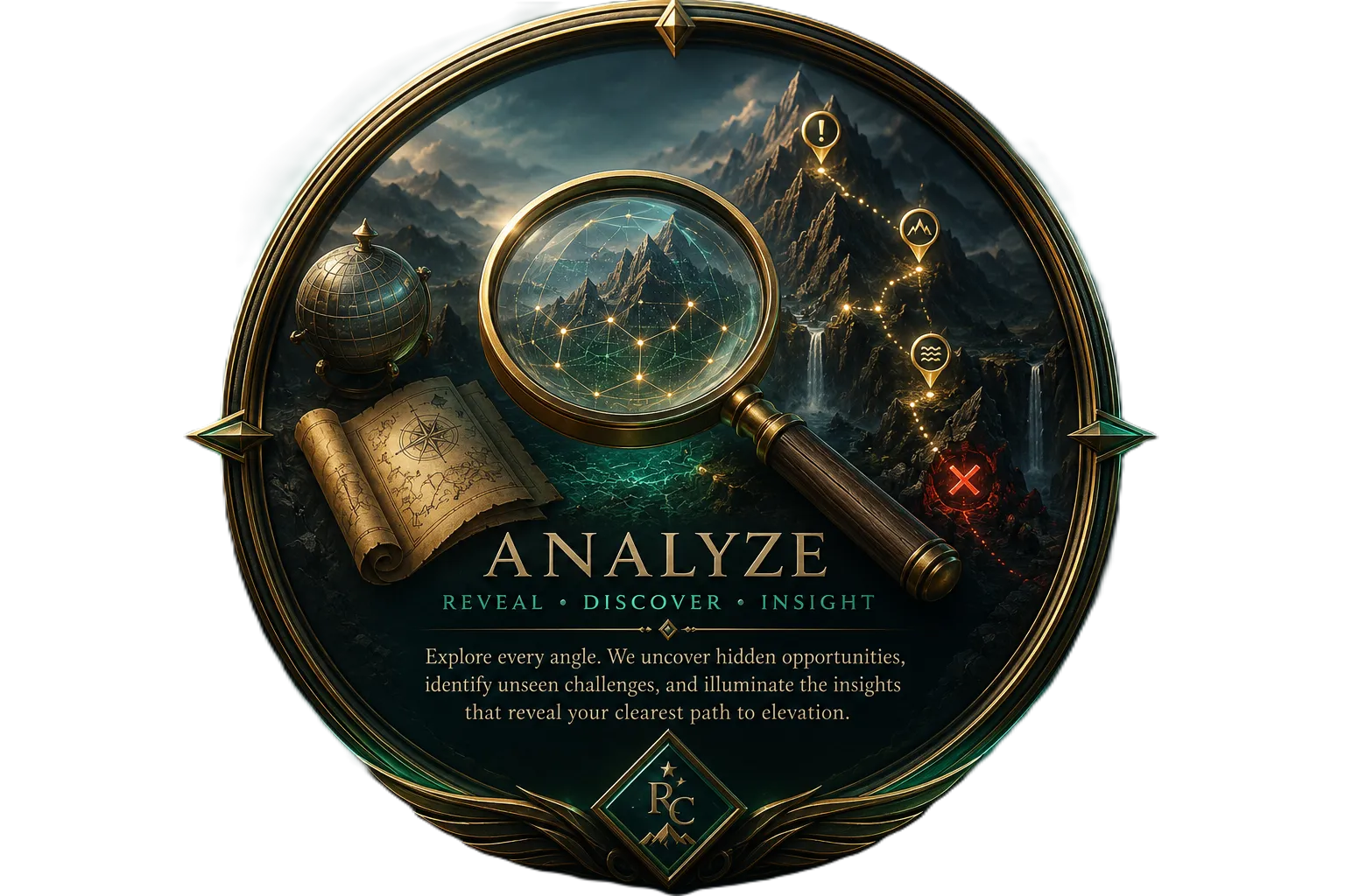 Analyze emblem featuring interconnected strategic intelligence pathways, illuminated map markers, compass navigation, globe observation symbolism, waterfalls, magnifying glass discovery elements, and mountain terrain representing insight, exploration, analysis, and elevated strategic awarenes