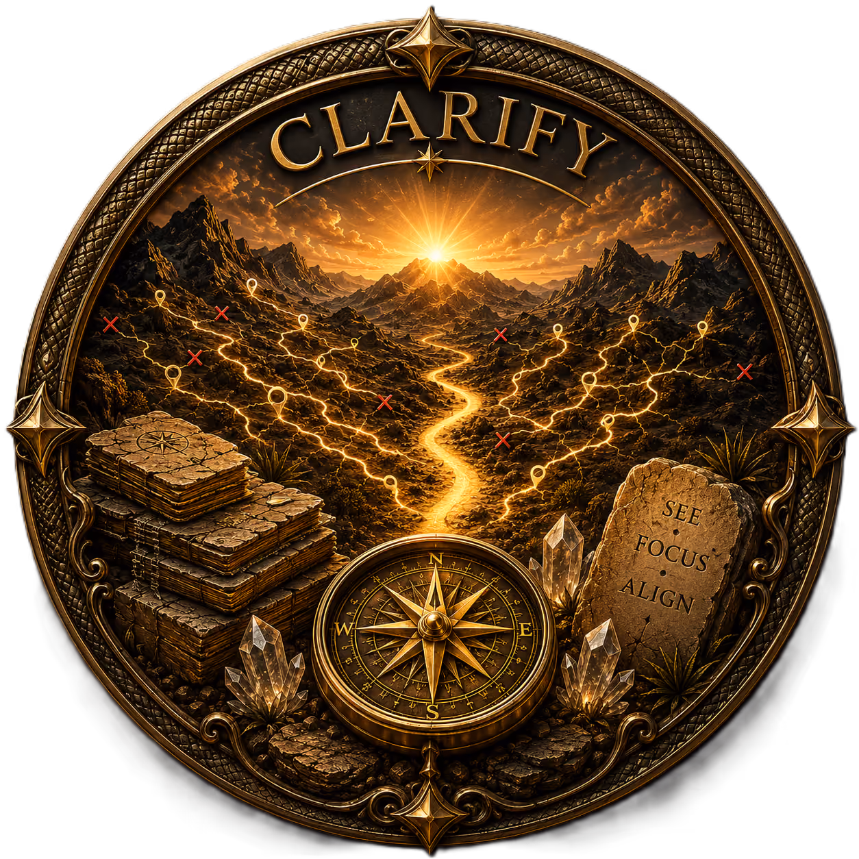 The Clarify Playbook Medallion featuring a central compass, illuminated winding path, crystal formations, layered stone, branching trails, and Rebecca Camille's mountain crest. It represents discovering direction, eliminating distractions, and building a clear business foundation before moving forward.