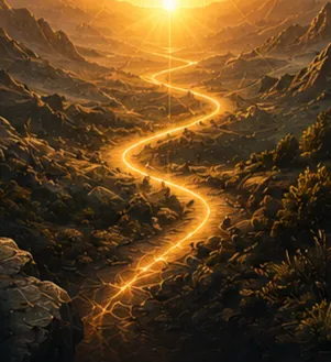 A softly illuminated winding trail representing the journey toward business clarity, where progress unfolds through thoughtful decisions rather than a straight line.