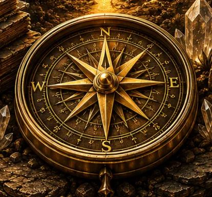 A detailed antique compass at the center of the Clarify Playbook Medallion representing direction, perspective, and evaluating every possible course before choosing the right path for a business.