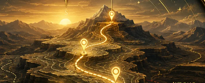 Waypoints represented by illuminated markers along a mountain plateau, helping explorers measure progress and remain aligned with their strategic destination.