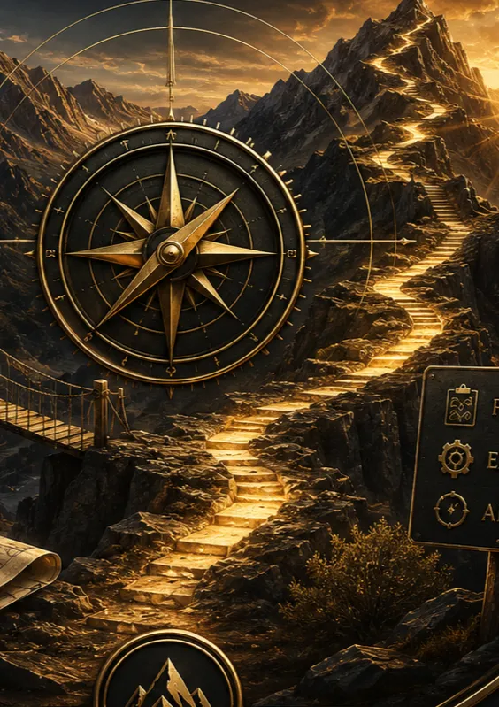 Gold stepping stones forming a path toward the summit, representing consistent action and purposeful progress as each completed step strengthens the foundation for lasting business growth.