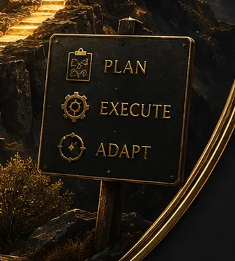 A signpost marked Plan, Execute, and Adapt representing the ongoing process of implementing strategy, making thoughtful adjustments, and maintaining forward momentum.