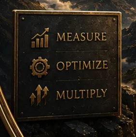 A signpost marked Measure, Optimize, and Multiply representing the continuous cycle of evaluating results, refining performance, and expanding successful business strategies.