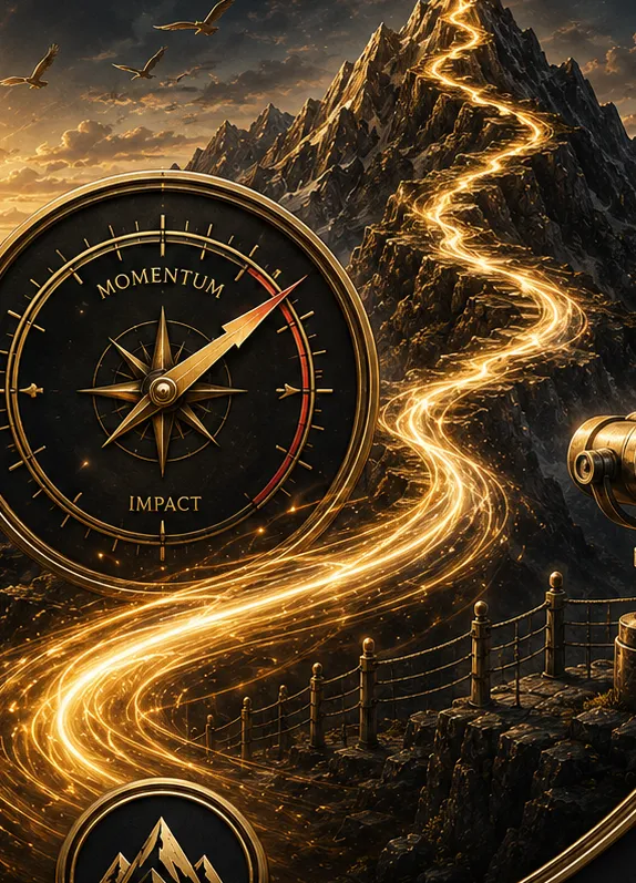 A resonating path with expanding frequency bands representing growing momentum, where consistent actions create greater visibility, stronger influence, and sustainable business acceleration over time.