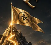 A mountain summit crowned with the Rebecca Camille monogram flag representing the achievement of meaningful milestones while inspiring explorers to embrace the next stage of their business journey.