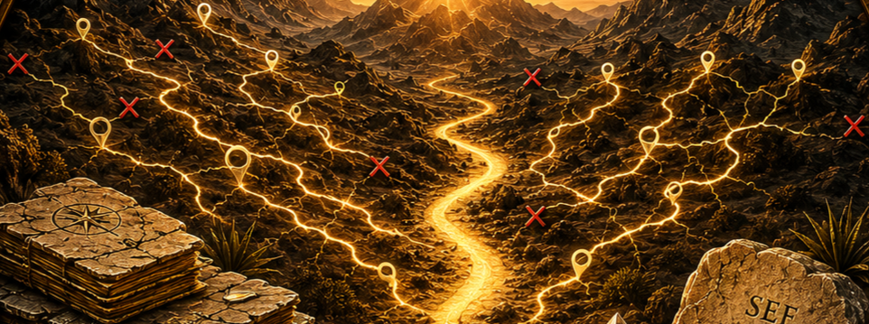 Intersecting trails marked with destination pinpoints and red X's representing the evaluation of opportunities, helping distinguish the right business path from distractions and dead ends.