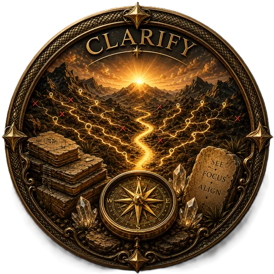 The Clarify Medallion featuring a central compass, illuminated winding path, crystal formations, layered stone, branching trails, and Rebecca Camille's mountain crest. It represents discovering direction, eliminating distractions, and building a clear business foundation before moving forward.