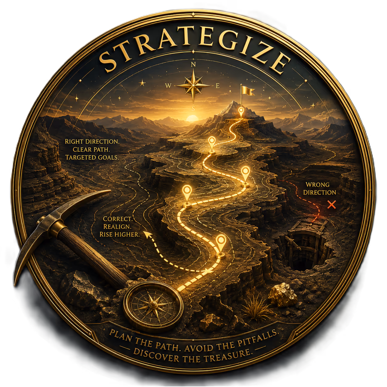 Strategize emblem featuring illuminated treasure pathways across desert mountain terrain, compass navigation, pick-ax excavation symbolism, hidden ravines, tectonic formations, warning markers, and a glowing Gold Flag representing strategic planning, navigational precision, and purposeful ascent.