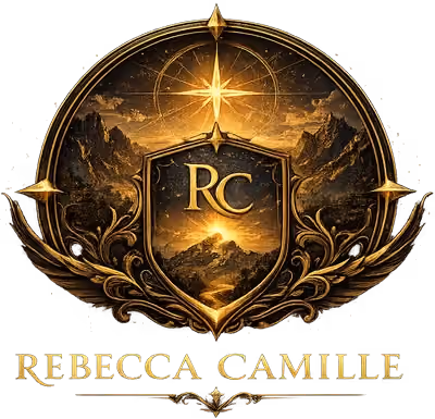 Rebecca Camille brand crest with mountain, beacon, and RC monogram.