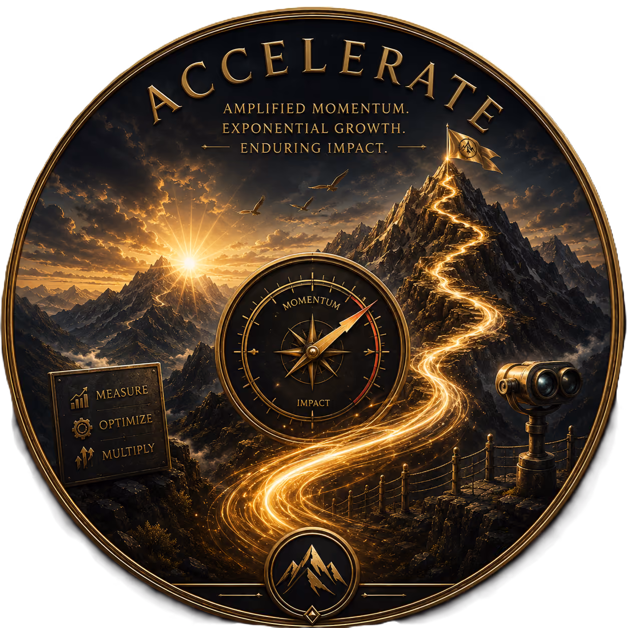 Accelerate emblem featuring soaring birds, magnetic compass energy, glowing accelerated ascent pathways, panoramic observation spyglass, radiant mountain summit, and amplified momentum symbolism representing scalable growth, elevated authority, and transformational acceleration.