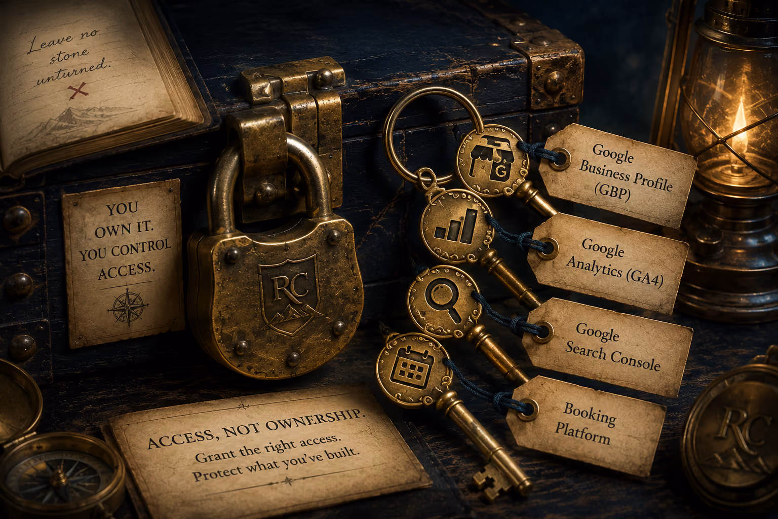 Antique lock, labeled access keys, and glowing lantern representing controlled access to business accounts.