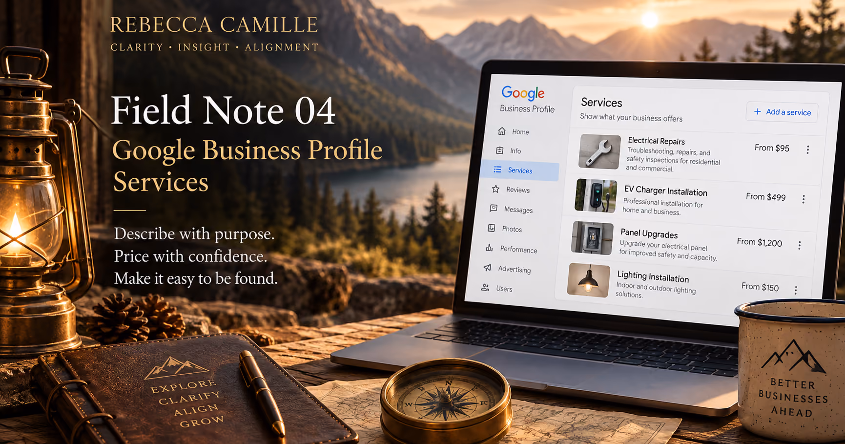 Google Business Profile Services field note showing an explorer's desk with a lantern overlooking a mountain lake and a Services panel listing business offerings.